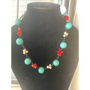 Vintage Turquoise, Coral & Pearl Statement Bohemian Boho Chunky Necklace 18"